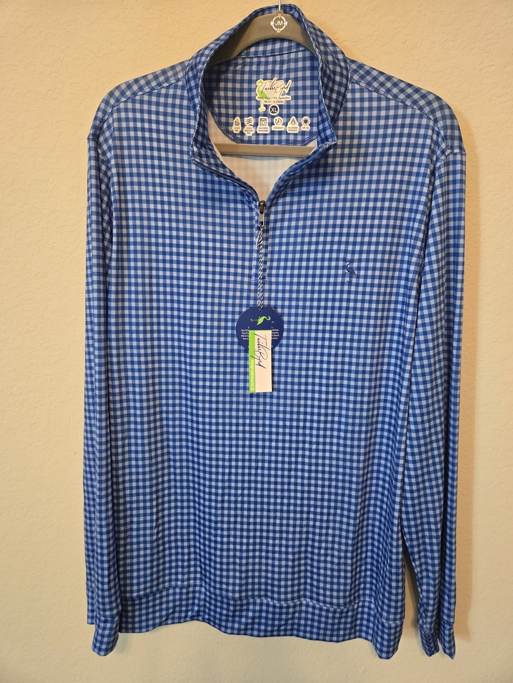 Peter Millar Blue Gingham Quarter-Zip Long Sleeve Shirt XL